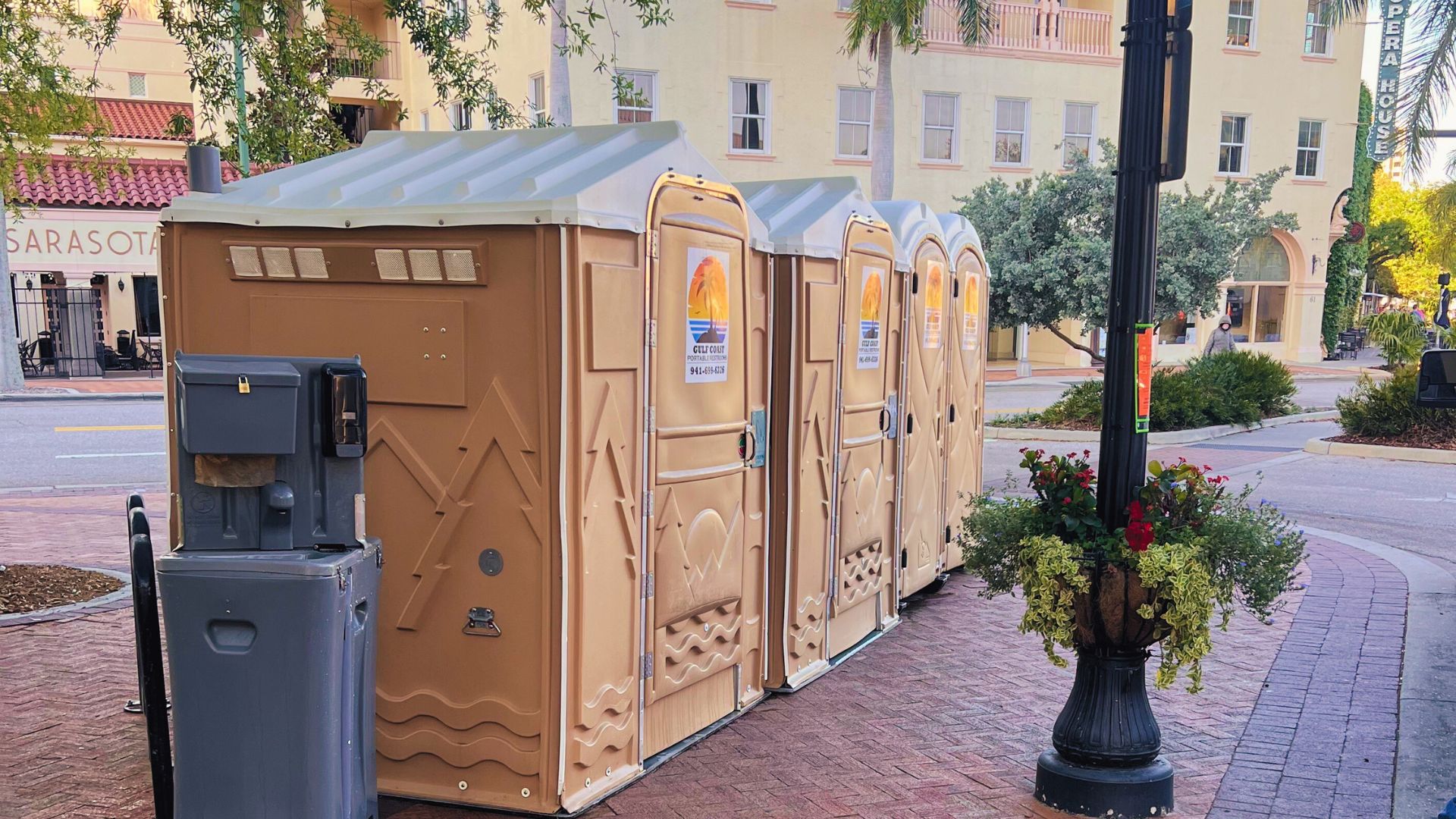 four portable toilets set up at event in Punta Gorda florida